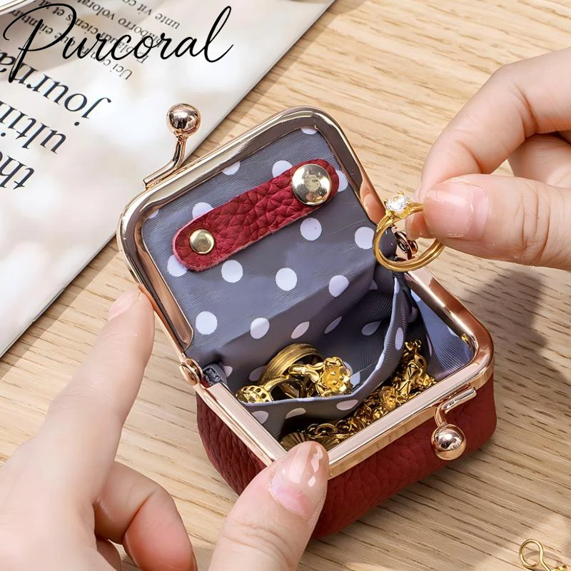 Purcoral 2026 New Leather Compact Mouth Gold Bag Diamond Ring  Bag Mini ring Necklace Earring Jewelry Box Coin and Coin Wallet