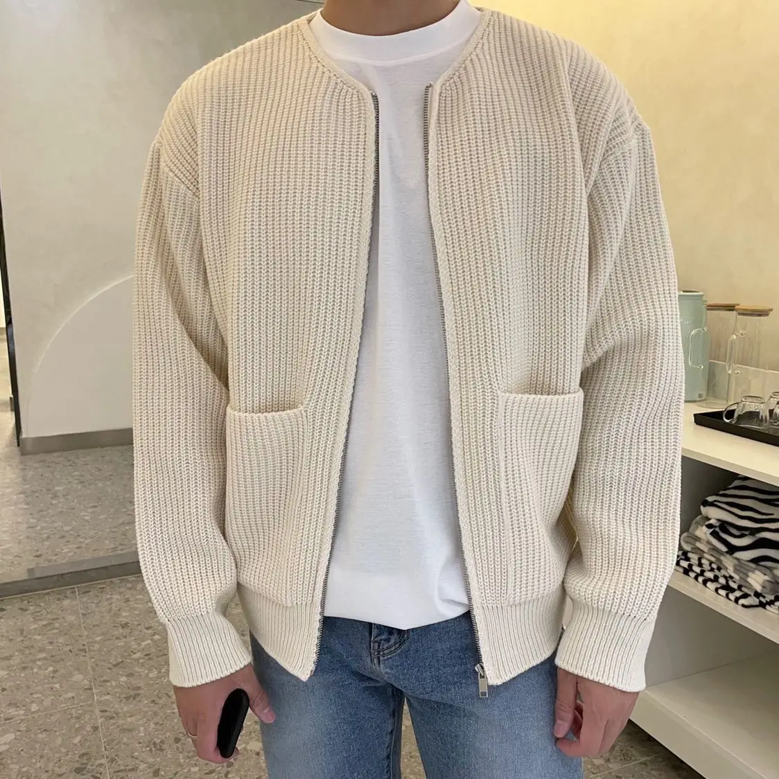 

Knitted Sweaters for Men Round Collar with Pockets Man Clothes Plain Zip-up Jacket Cardigan Crewneck Solid Color Coat Zipper