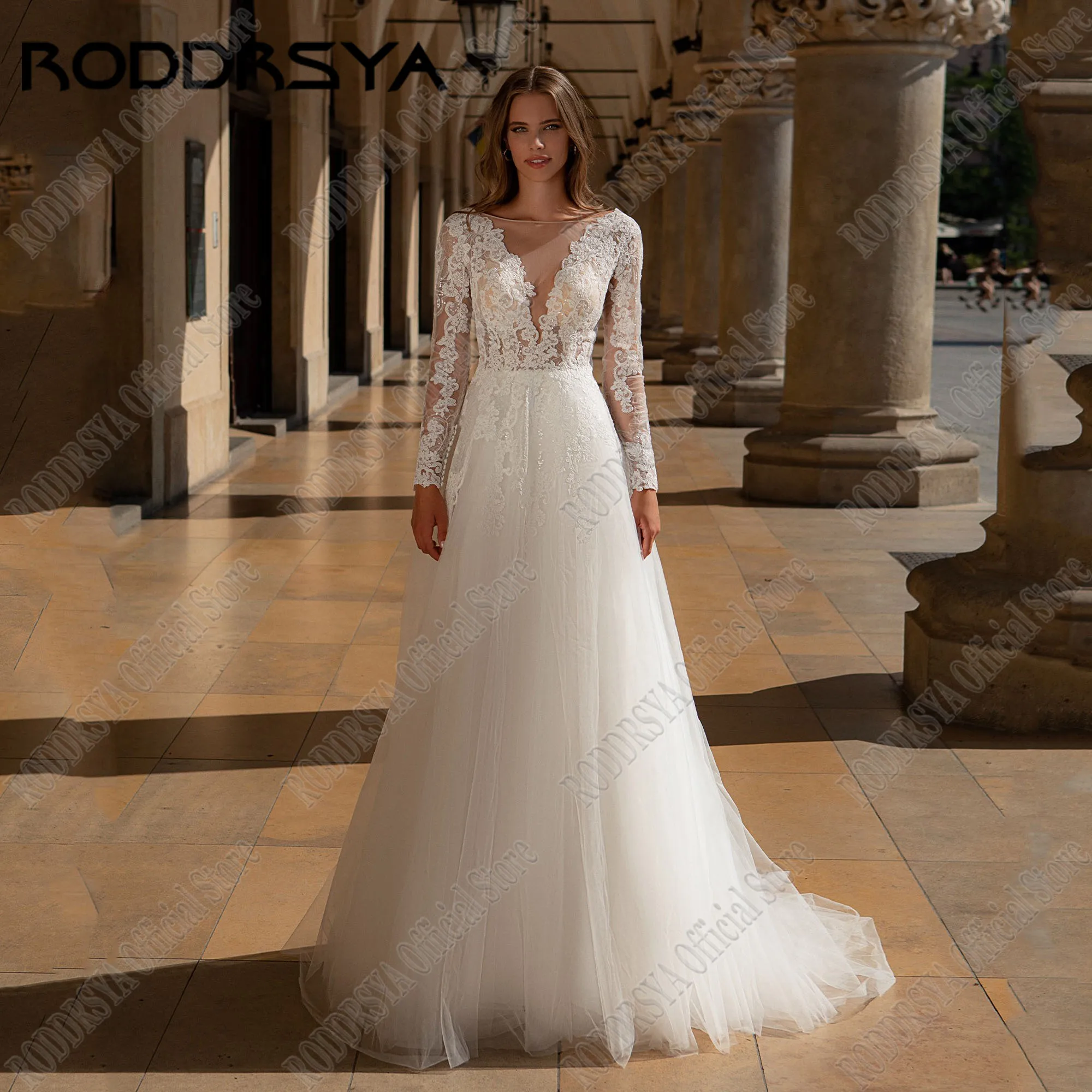 RODDRSYA-vestido De Novia personalizado, elegante, De manga larga, transparente, cuello redondo, apliques De lentejuelas, tren De barridoVestido de novia personalizado roddsya elegante vestido de novia de manga larga t