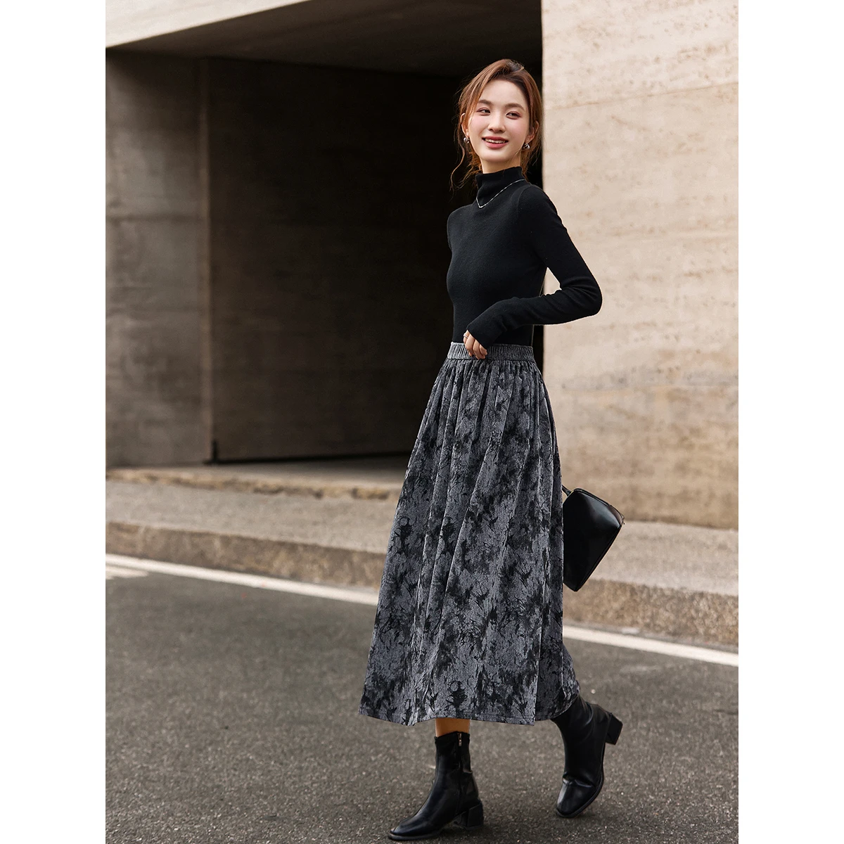 VIMLY تنورة طويلة للنساء 2025 الشتاء تنوعا الطباعة مرونة الخصر ألف خط محبوك التنانير ملابس نسائية فضفاضة غير رسمية A3278