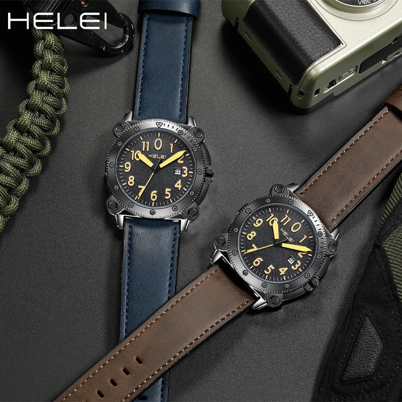 HELEI Fashion new sports casual quartz watch date genuine leather strap men\'s wristwatch