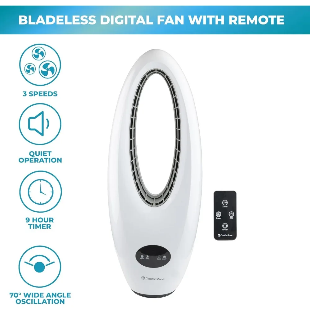 Oscillating Bladeless Tower Fan with Remote Control,28 inch,3 Speed,70 Degree Oscillation,Portable,9Hour Timer,LED Display,Ideal