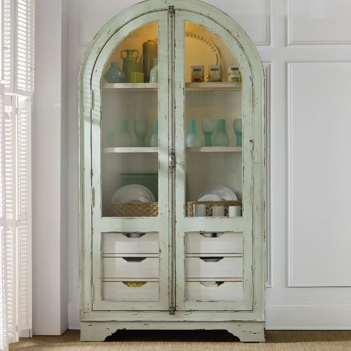 Retro old solid wood double door bookcase Semicircular arched glass door Oak display wine cabinet Edge cabinet