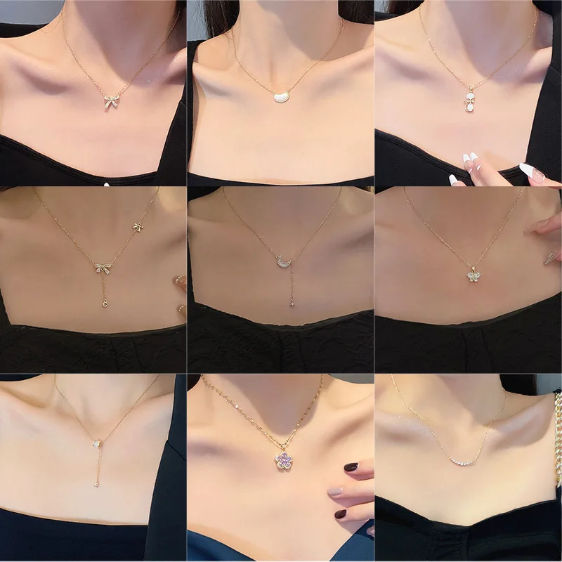 

Titanium Steel Necklace For Women Luxury Pearl Pendant Necklace Clavicle Chain Fashion Jewelry Accessories