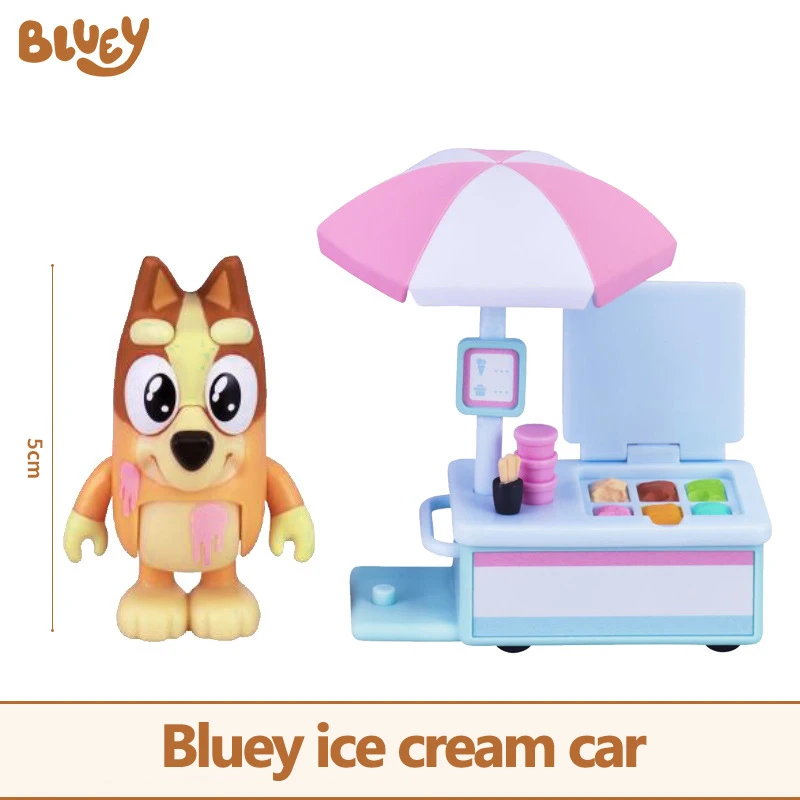 Bluey figuras anime brinquedos conjunto modelo de viagem carro bicicleta sorvete caminhão cena ornamentos decorações desktop crianças presentes aniversário
