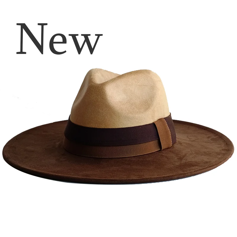 Brown And Camel Colored Patchwork Suede Hat Autumn and Winter Women's Felt Hat Wide 10cm Brim Hat Retro Men's Hat Gorras Hombre