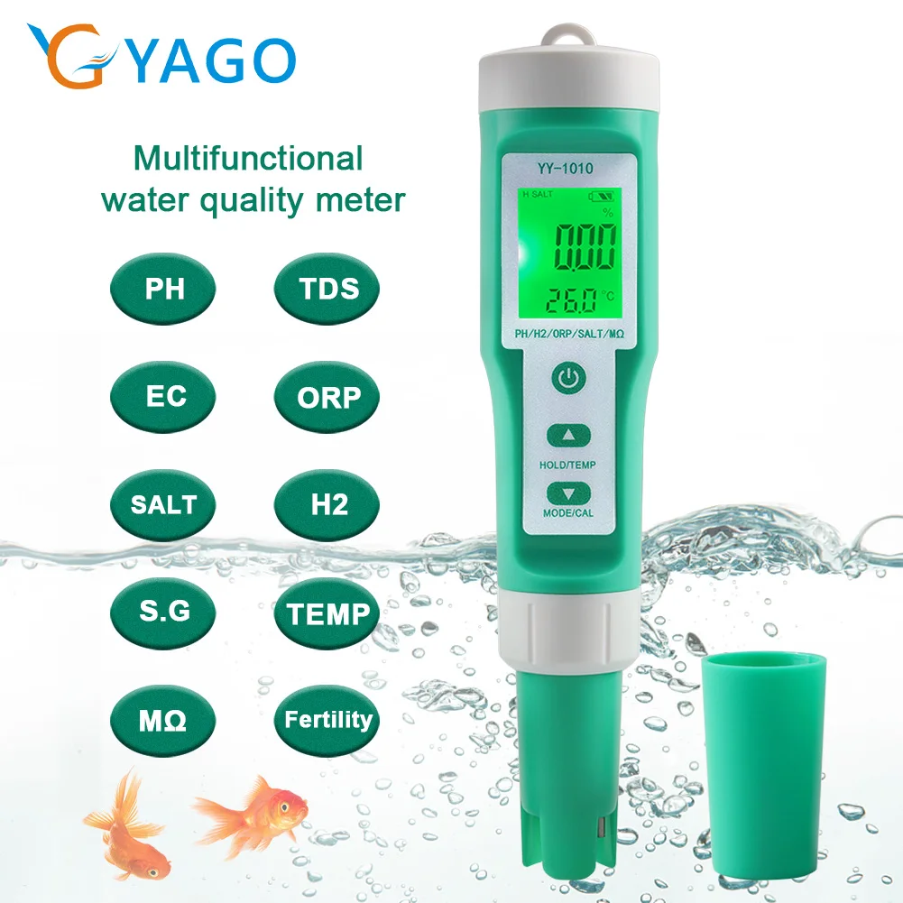 10 in 1 PH/EC/TDS/ORP/H2/SALT/Fertilità/SG/MΩ/Temp Misuratore di qualità dell'acqua Tester multifunzione digitale per acqua di zuppa di acquario spa