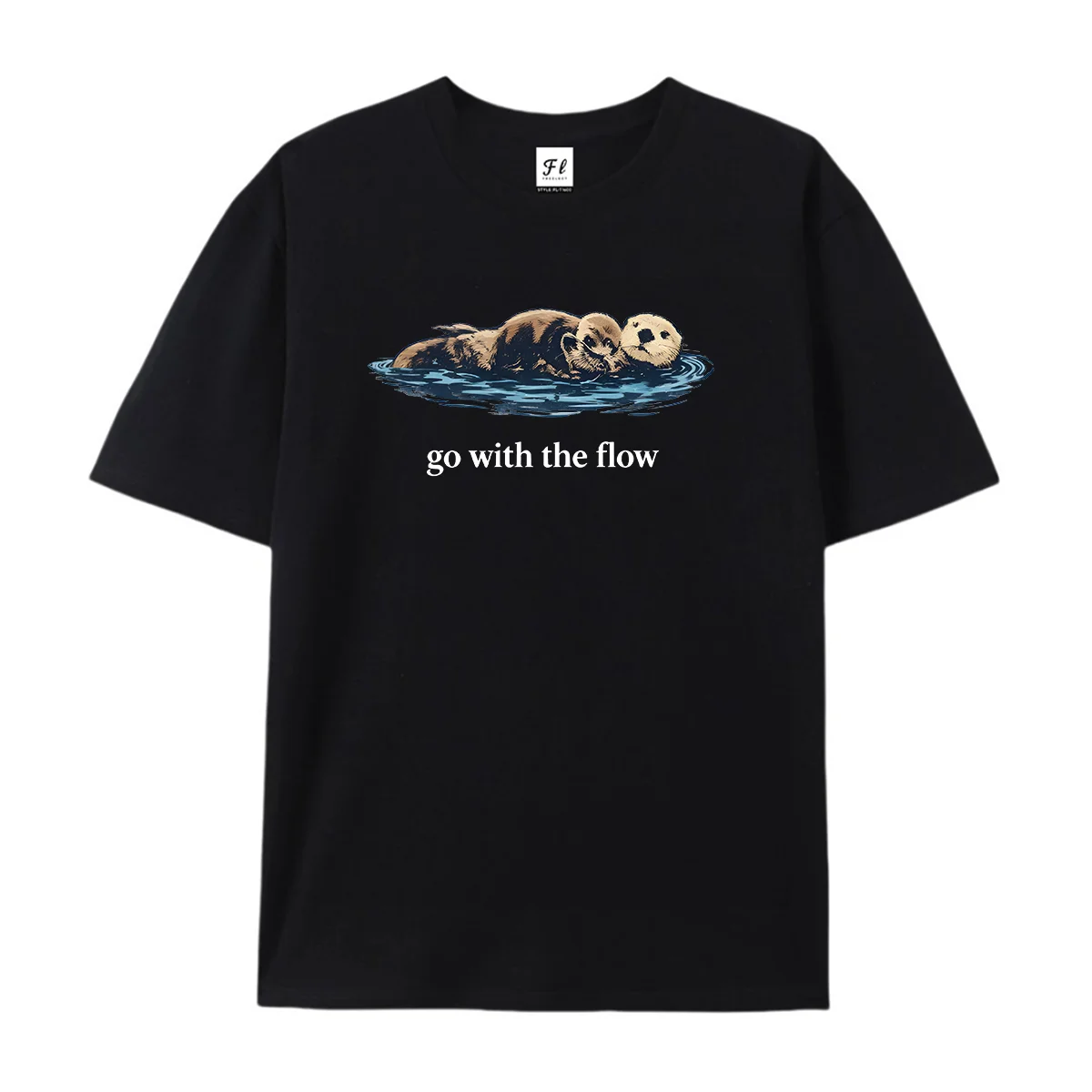 Go With The Flow Sea Otter T-Shirt Vintage Washed Ocean Animal Graphic Tee Cute Wildlife Nature Lover Unisex Casual Short Tops