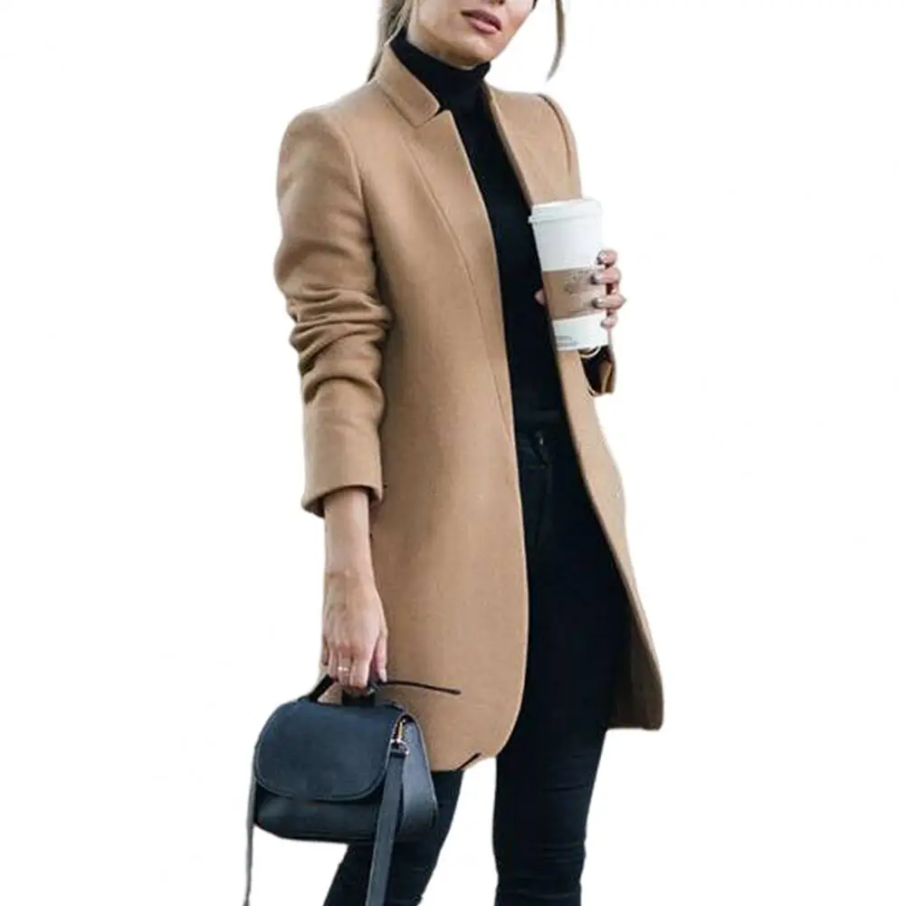 Jacket Woolen Coat for Women Stand Collar Overcoat with Slim Long Sleeves for Fall Spring