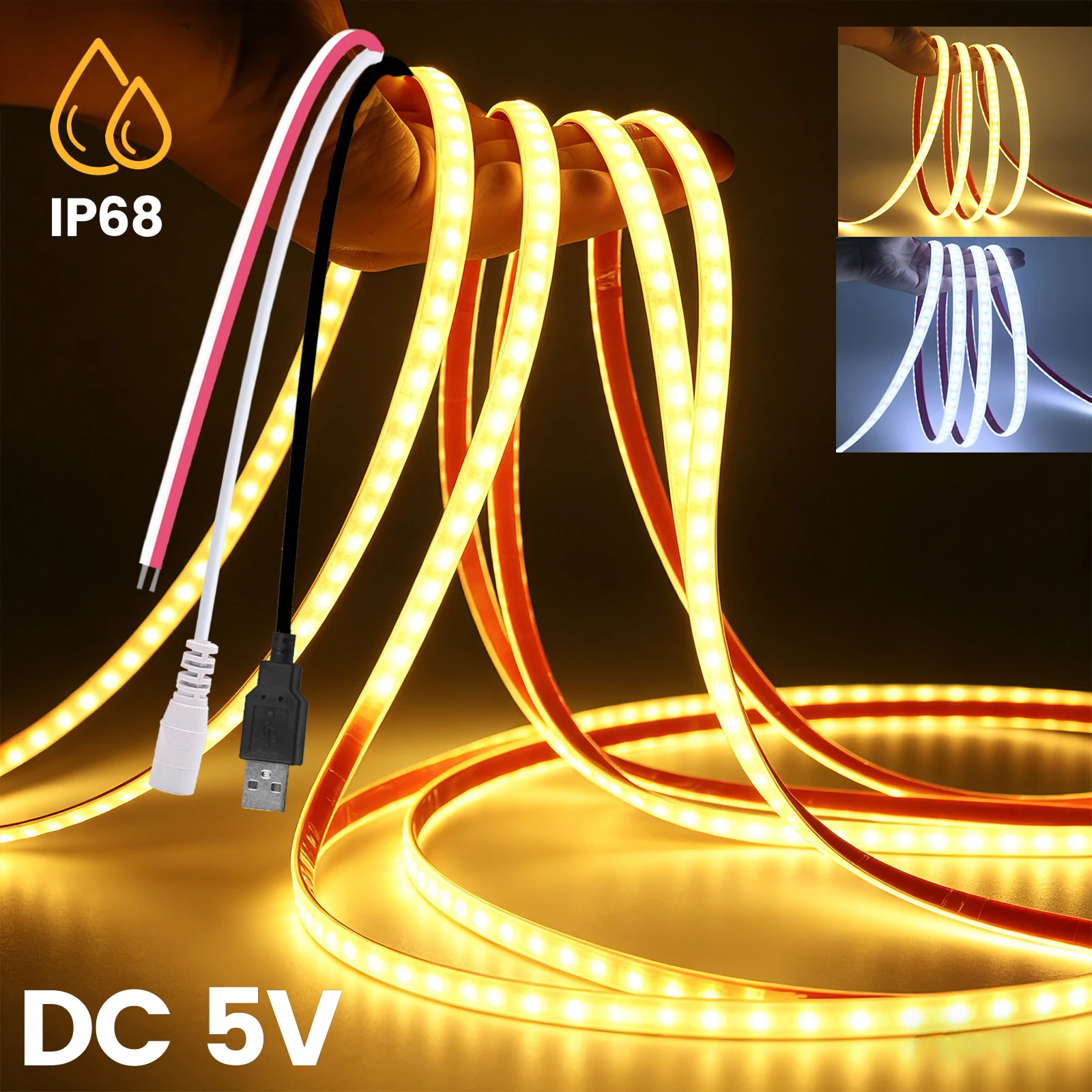 

DC5V USB COB LED Strip Light IP68 Waterproof 120Leds/M High Density Flexible Adhesive Tape 3000K 6000K for Room Kitchen Lighting