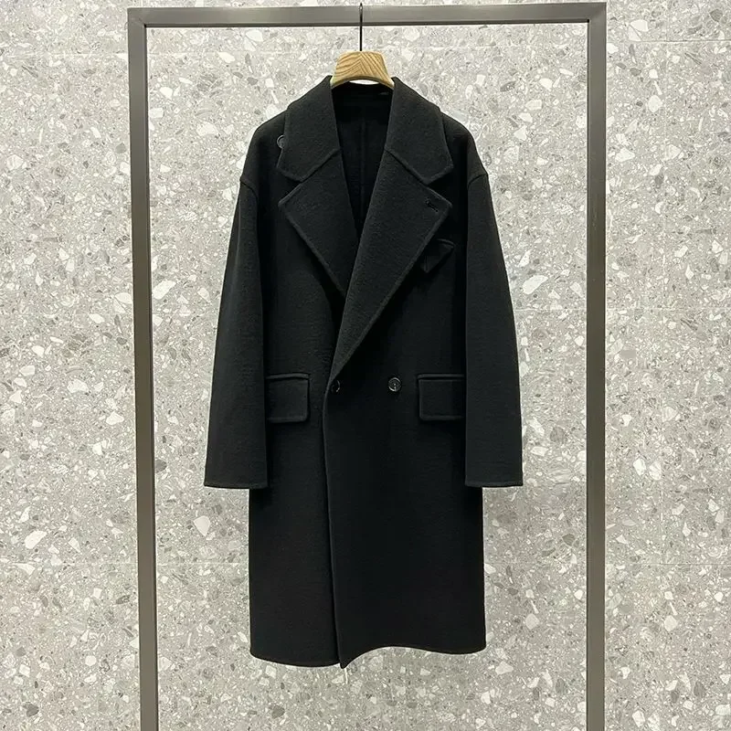 Double-sided cashmere coat, women's long silhouette, double-breasted horn buckle, high-end jacket, streamlined double-sided