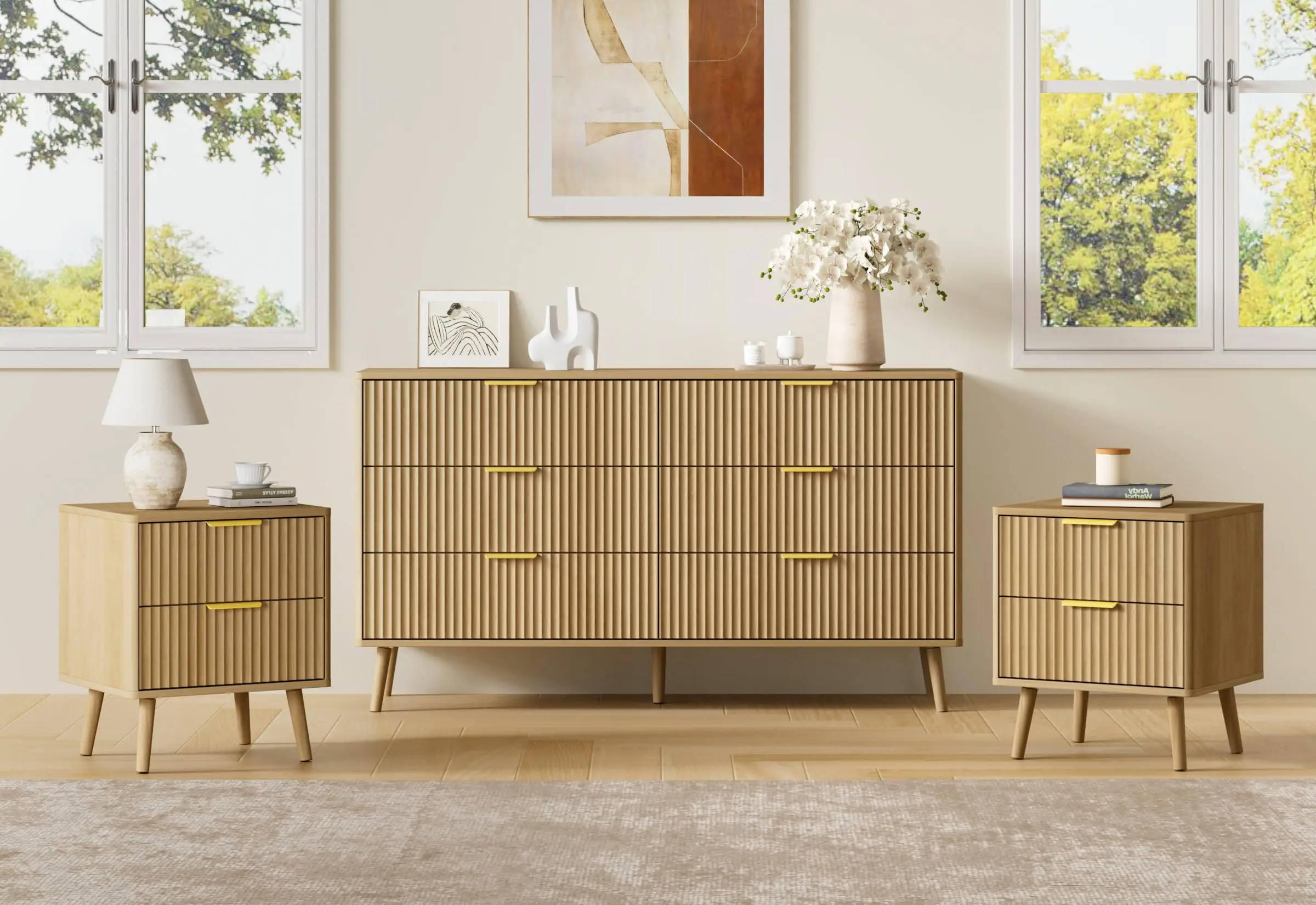 Fluted Drer and Nightstand Set, 3 Pieces Bedroom Set, 55 Inch Wide 6-Der Drer & 2-Der Nightstands Set of 2, ern Drers