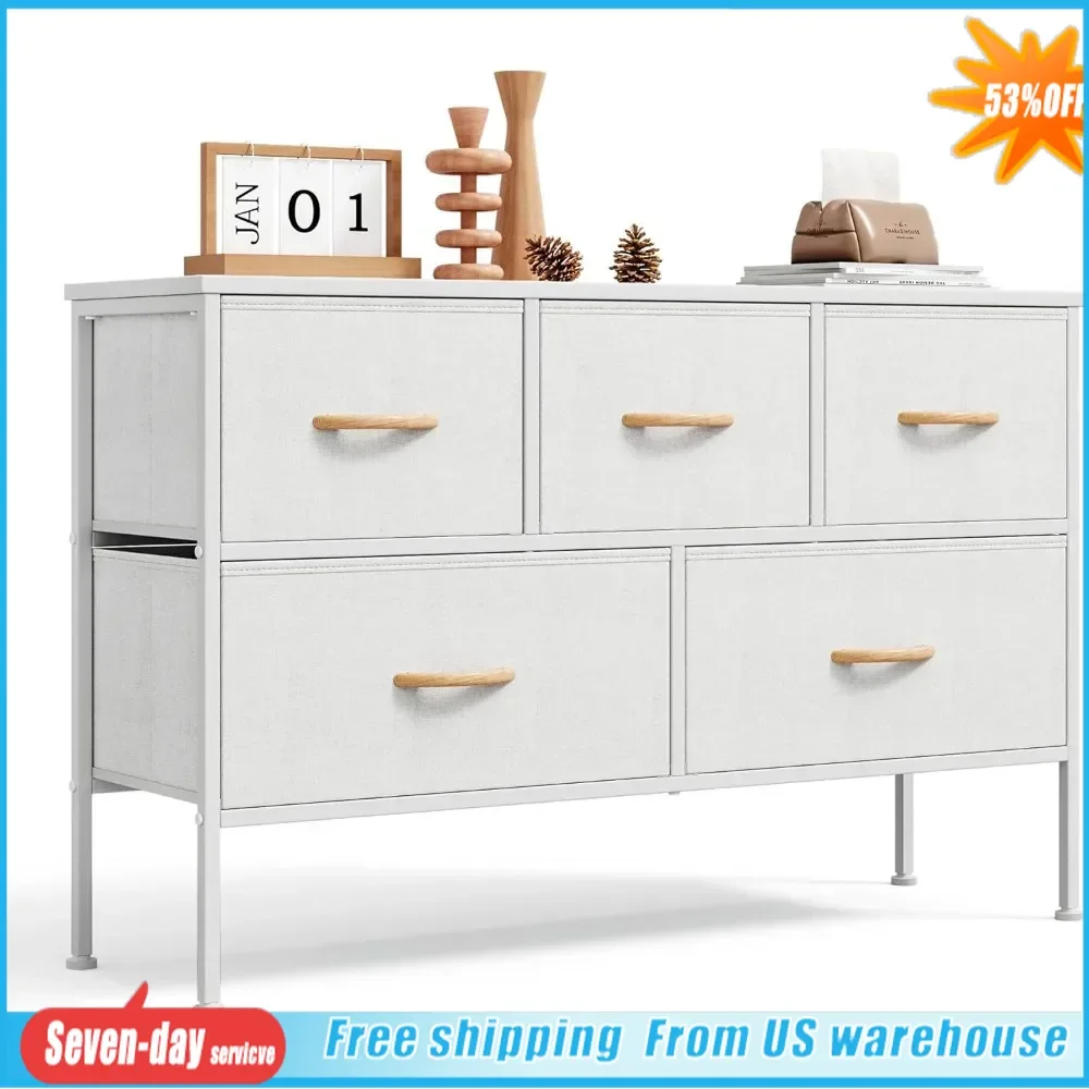 

Makeup Vanity Fabric Long Dresser for Bedroom With 5 Drawers Living Room Hallway Dressing Table Wide Chest of Drawers Dressers