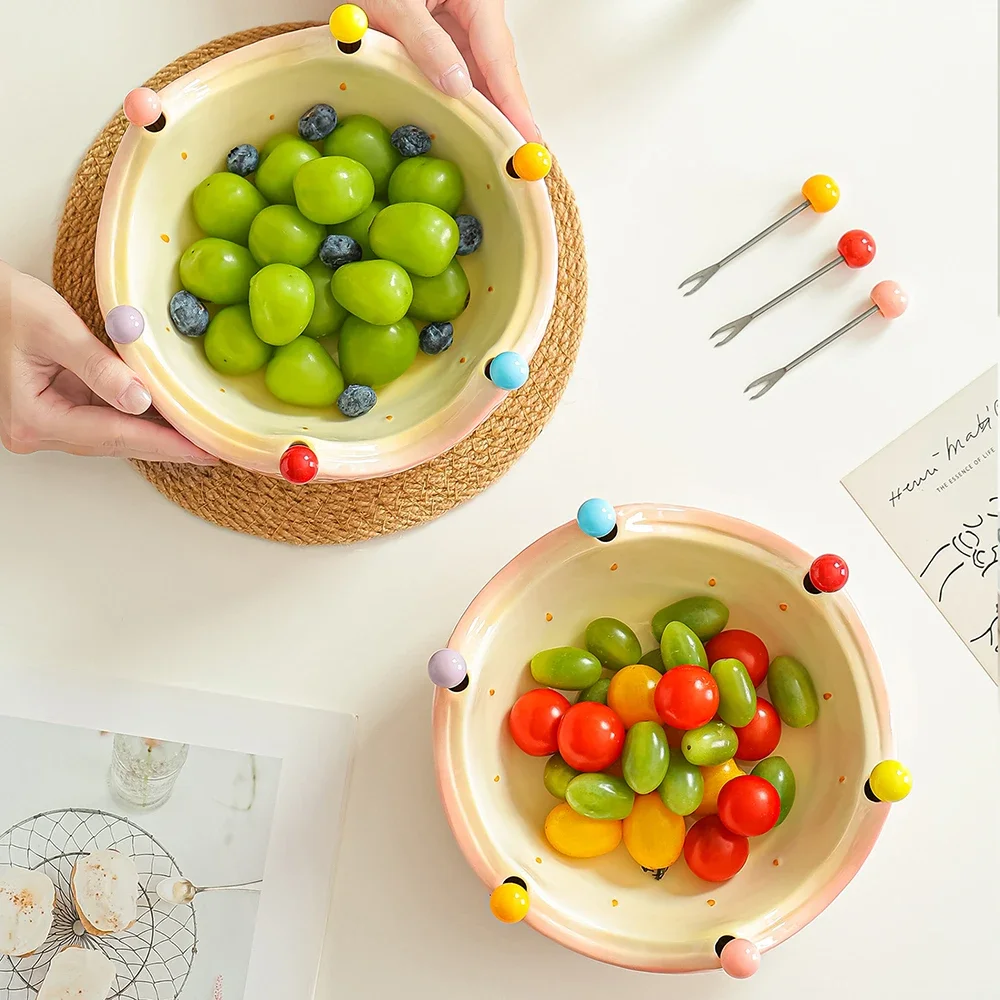 Creative Strawberry Shape Fruit Plate with Forks Korean Sweet Cute Ceramic Tableware Living Room Homehold Afternoon Tea Plates