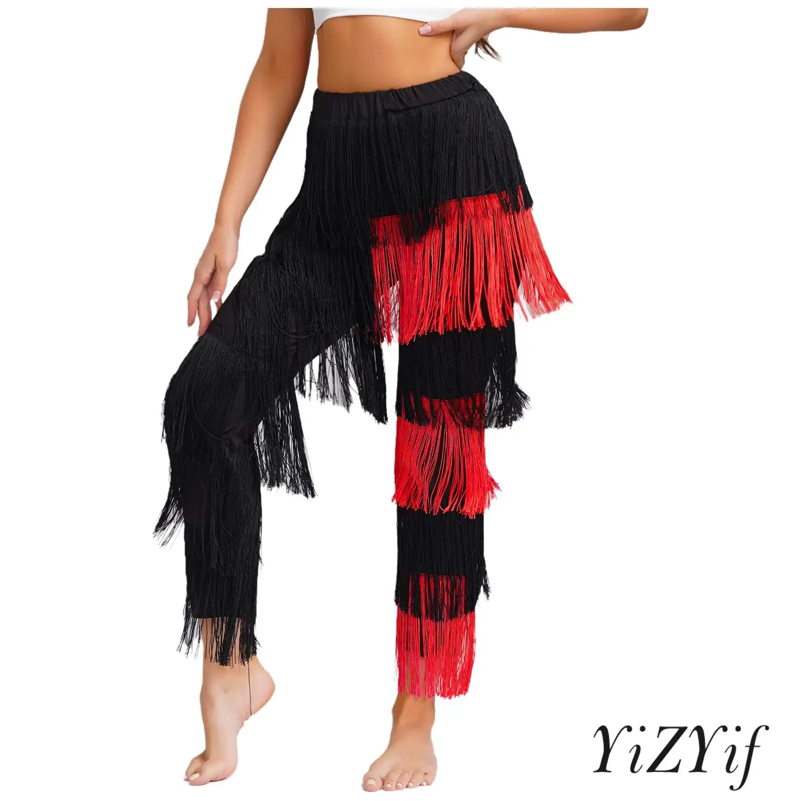 

Womens Cha-Cha Tango Rumba Dance Fringe Pants Contrast Color Elastic Waistband Latin Jazz Dance Competitions Dancewear Trousers