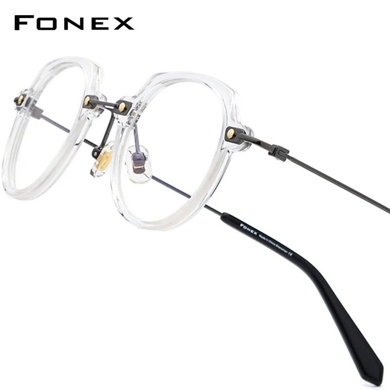 FONEX Acetate Titanium Glasses Frame Women New Brand Design Big Size Round Eyeglasses Men Spectacles Transparent Eyewear 85711