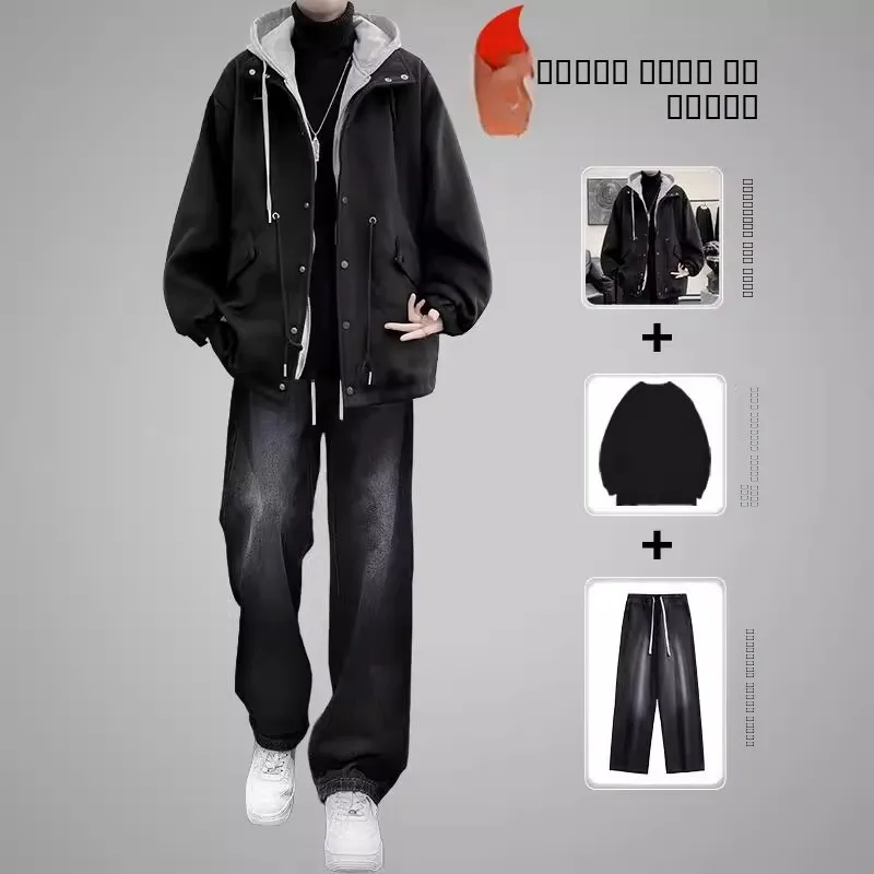 

Комплект мужской одежды в корейском стиле: осенне-зимнее шерстяное пальто с капюшоном для подростков, крутая футболка и длинные брюки.