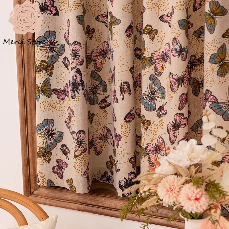American Country Cotton Linen Butterfly Printed Curtains Tulle for Living Room Pastoral Style Retro Homestay Study Window Drapes