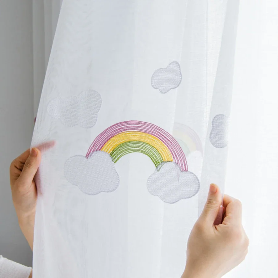 Korean Embroidered White Cloud and Rainbow Sheer Window Bedroom Curtains Cotton Flax Panels Tulle Voile for Living room #5