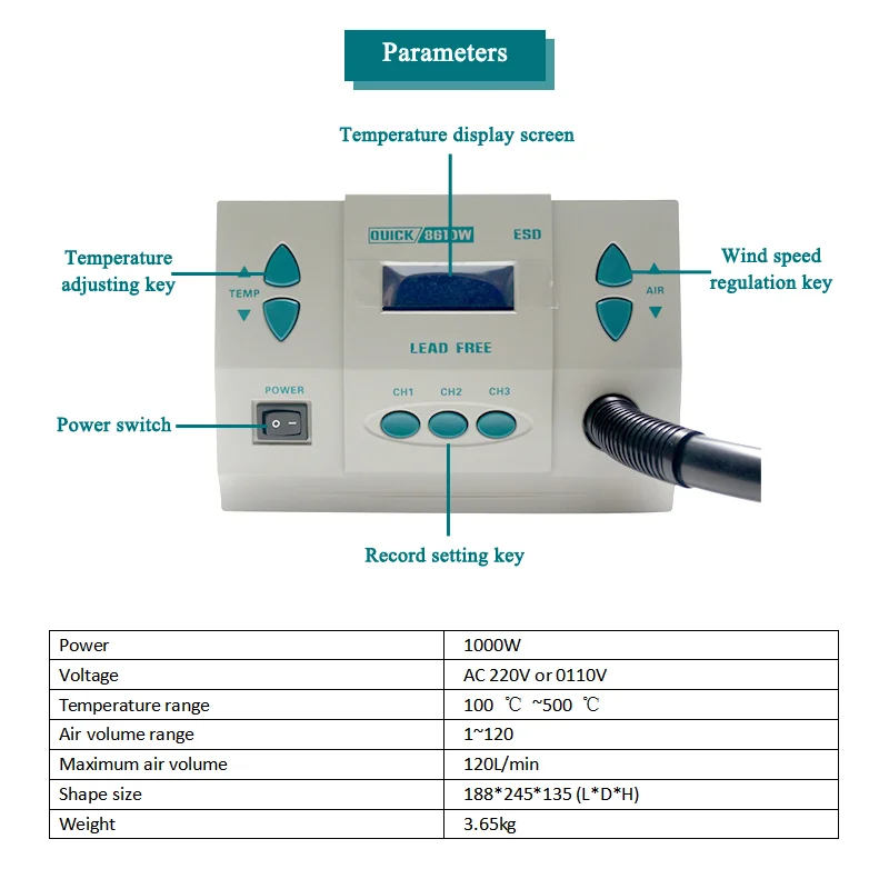 

Original 1000W 220V QUICK 861DW Heat Gun Lead Free Hot Air Soldering Station Microcomputer Temperature Rework Station