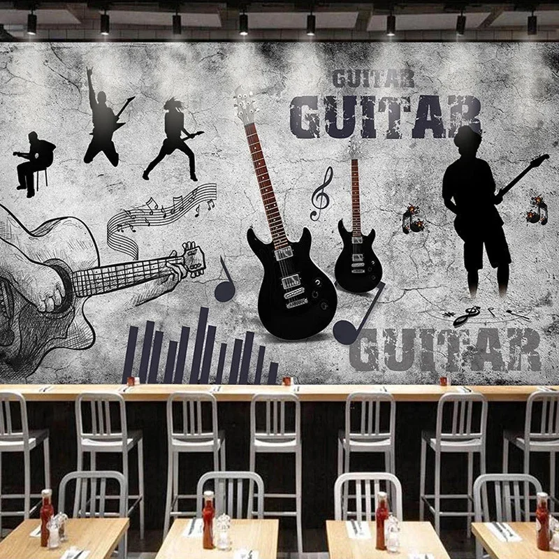 Custom 3D Mural Wallpaper Retro Hand Painted Music Theme Guitar Graffiti Cement Fresco Restaurant KTV Bar Murals Papel De Parede