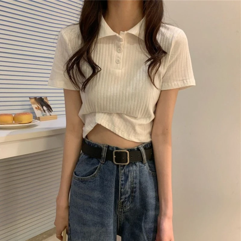 Korean Style 2026 New Arrival Summer Women's Collar Short Crop T-shirt Lightweight Short Sleeve Versatile Figure Flattering