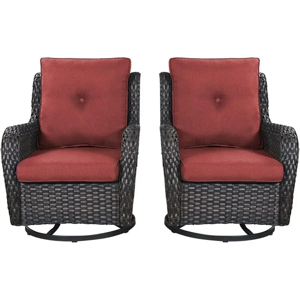 2-Piece Swivel Rattan Rocking Chair Set for Outdoor Patio, Deck, Garden, Backyard (Brown/Red)
