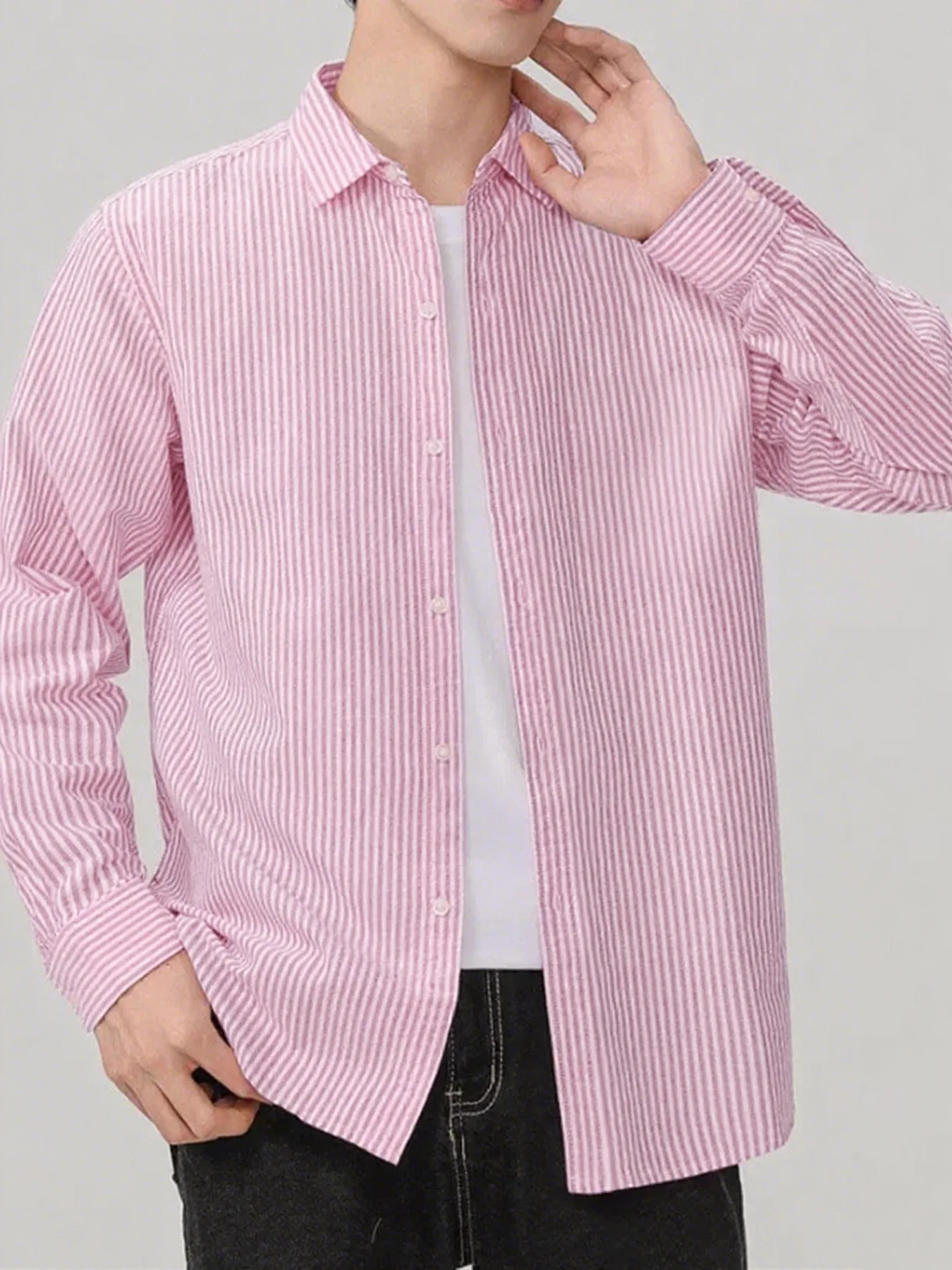 Camicia da uomo con colletto a righe vintage in stile americano, camicia esterna semplice a maniche lunghe, fresca e casual di fascia alta