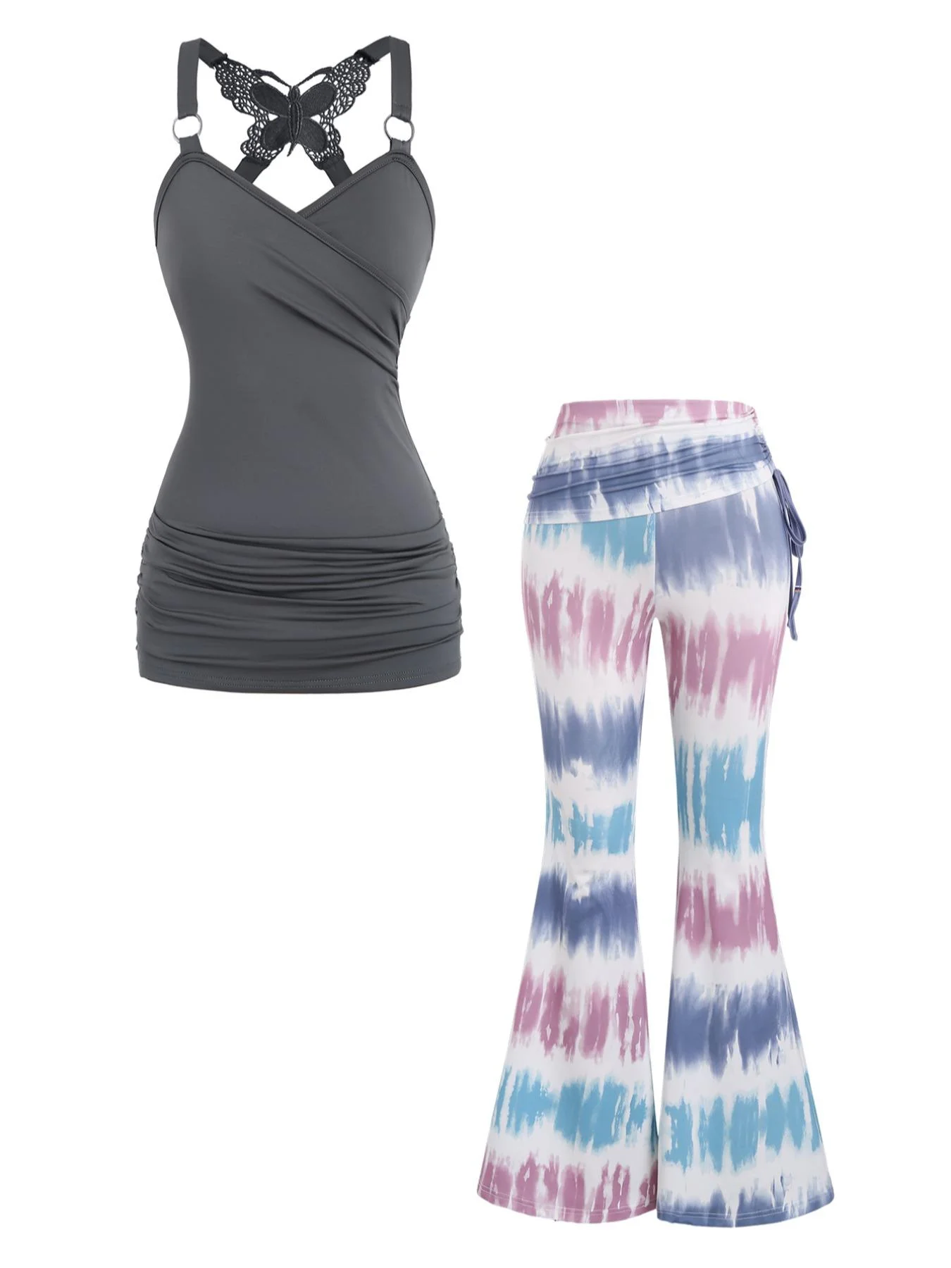 Top corto incrociato in pizzo a farfalla con pantaloni lunghi a gamba larga tie-dye Set abito casual Boho da donna