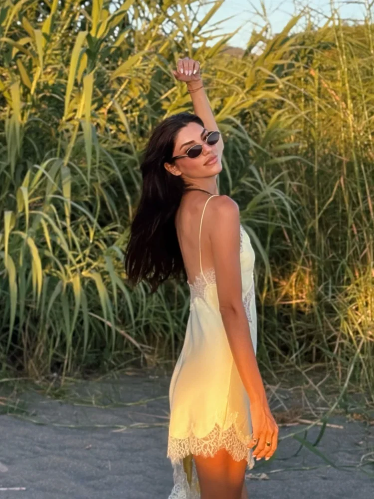 Sexy Lace Patchwork Sling Mini Dress Skinny Backless Sleeveless Women's Irregular Silky Split Vestido New Tendy Lady Beach Gown