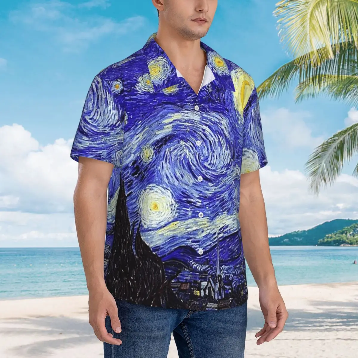

A Starry Night Van Gogh Mountain Inspiration Hawaiian Shirts Casual Men Short Sleeve Shirt for Summer Beach Men's Button Tops