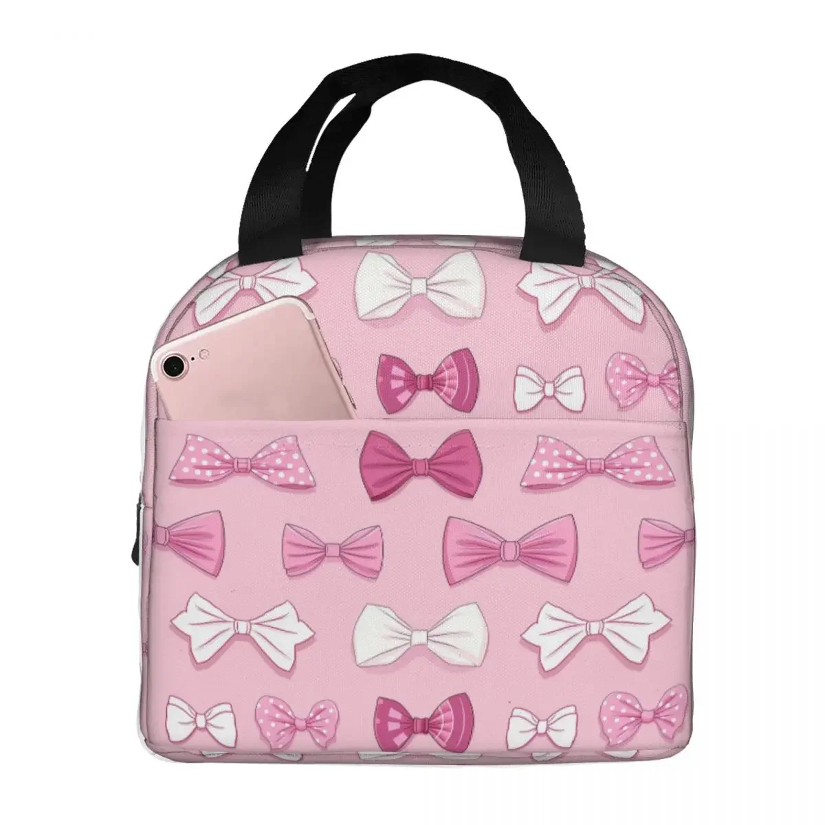 Various Pink Colorful Bow Tie Pattern Insulated Lunch Bag for Kids School Cooler Thermal Food Box Tote Lunch Boxes Container