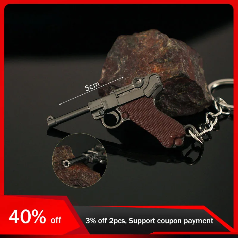 5cm PUB Gun Keychain Model Mini Ruger P08 Small Gun Pendant All Metal Keyrings Game Peripherals Gifts for Boys Collectibles Doll