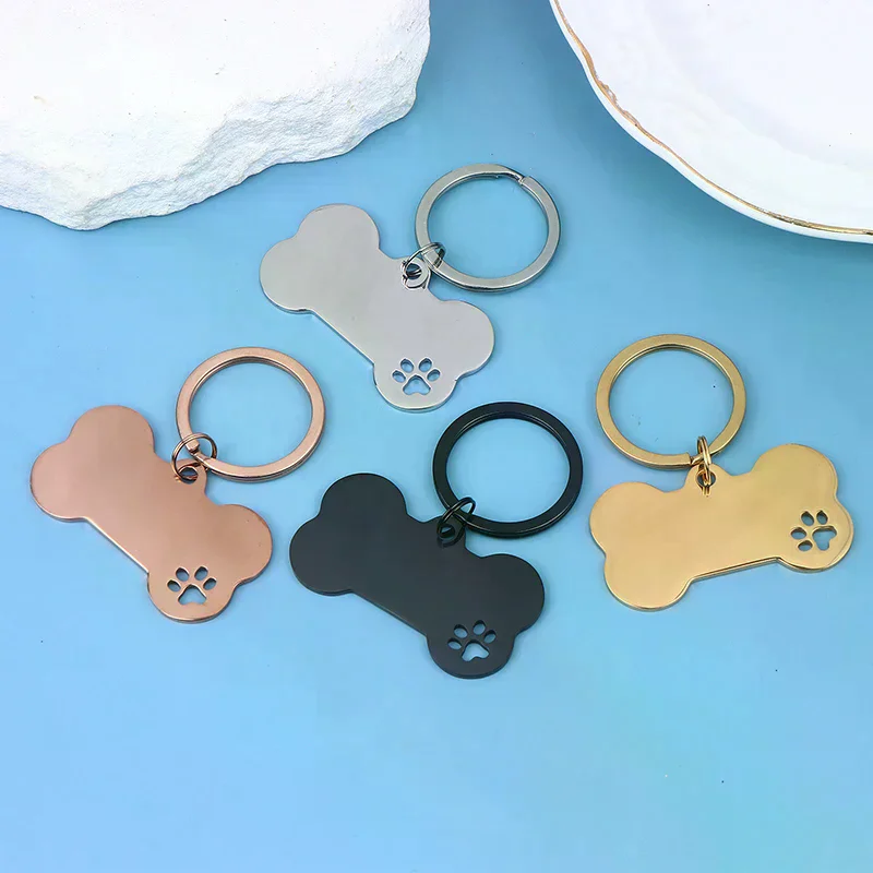 1Pc Abstract Dog Footprint Keychain Name And Text Tags Cat Dog ID Tag Name With Cute Symbols Bone Shaped Pet Nameplate
