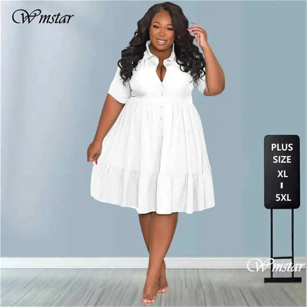 Wmstar Plus Size Summer Dresses Women\'s Clothing Solid Elegant Casual Cute Ball Gown Shirts Mini Dress Wholesale Dropshipping