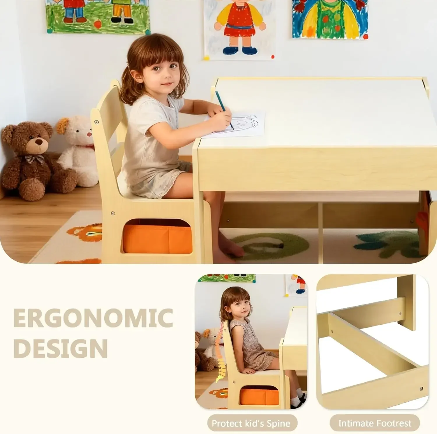 Kids Wood Table & 2 Chairs Set, 3 in 1 Children Activity Table w/Storage, Removable Tabletop, Blackboard, 3-Piece Toddler Furnit