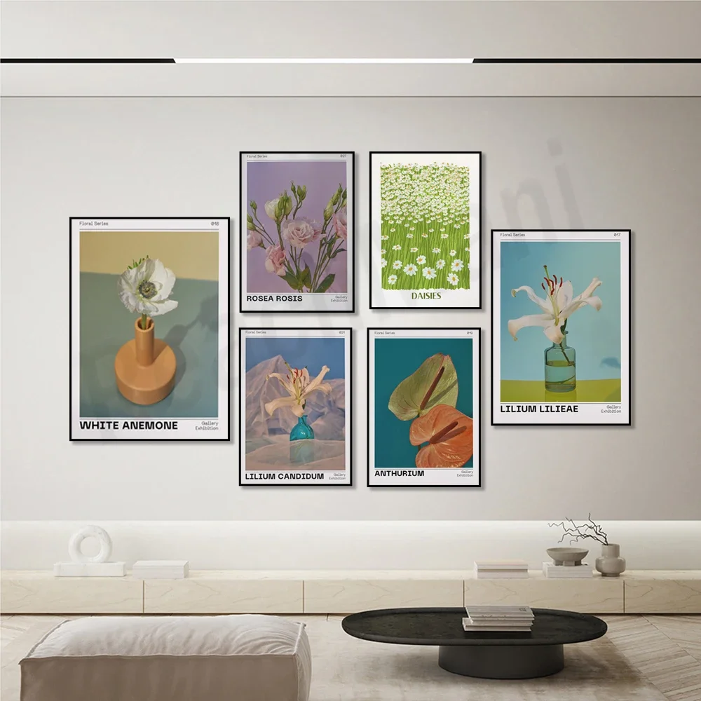 Delicate floral poster with daisies, white anemone, pink rose flower meadow, lily, anthurium print, spring art wall decoration image 3