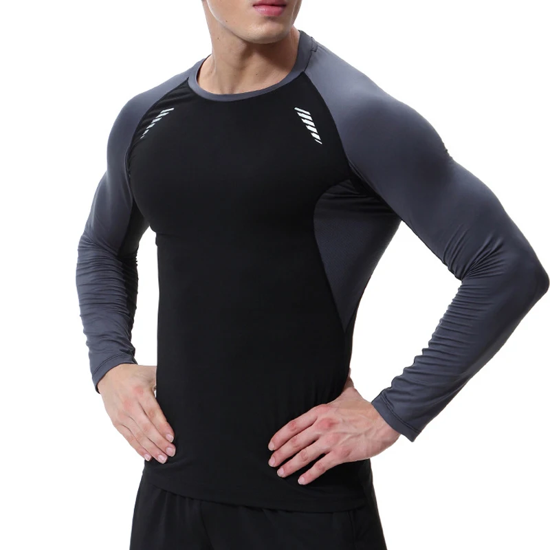 2022 Breathable Long Sleeve Running T Shirt Men Patchwork Base Layer Stretch Sports Rashgard Quick Dry Gym Fitness Tops Custom