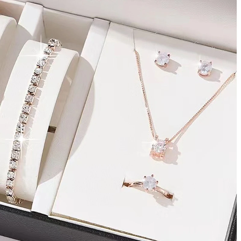 Luxury Women Ring Necklace Earrings Rhinestone Bracelet Female Casual Ladies Jewelry Set Birthday Gifts