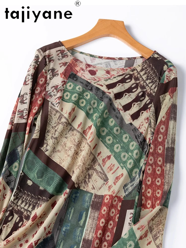 TAJIYANE 100% التوت فستان حريري امرأة الصيف 2025 خمر ملابس منقوشة بكم طويل فساتين عطلة الفساتين السيدات الملابس Vestidos