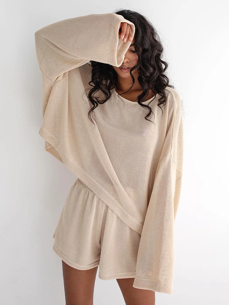 Linad Loose Pajamas For Women Knitted 2 Piece Sets Khaki Long Sleeve O Neck Sleepwear Female Casual Suits With Shorts Winter