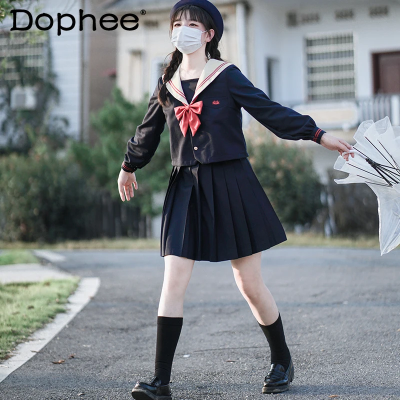 

Pleated Skirt Sets Chic Cyan JK Sailor Uniform Short Sleeve Top and Skirt 2 Piece Sets Womens Outifits A-line High Waist Skirt
