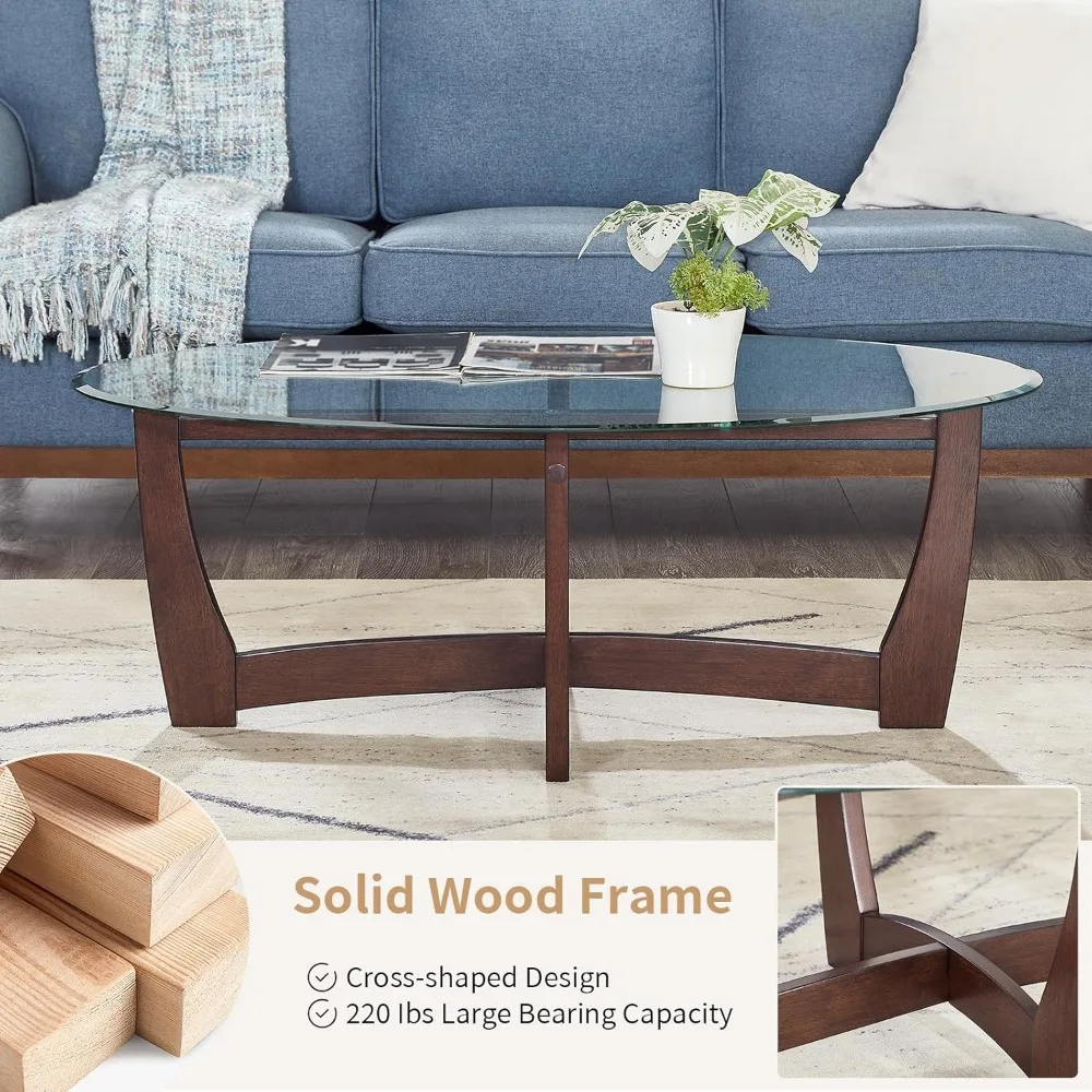 Modern Oval Tempered Glass Coffee Table with Solid Wood Base for Living Room, Simple & Stylish Center Table