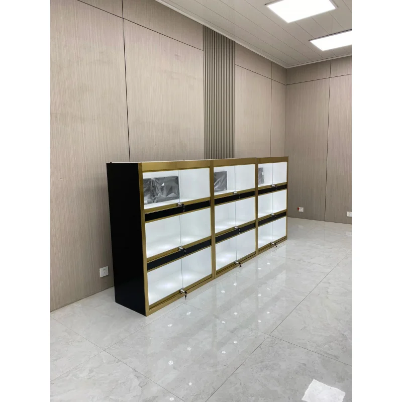 custom.Multi-layer Glass Display Cabinet LED Light Stainless Steel Plated Frame Storage Wall Jewelry/Cultural Shopping