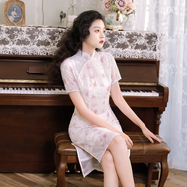 Summer Autumn New Style Cheongsam Mid-Length Double-Layer Chiffon Improved Slim-Fitting Daily National Women's Dress