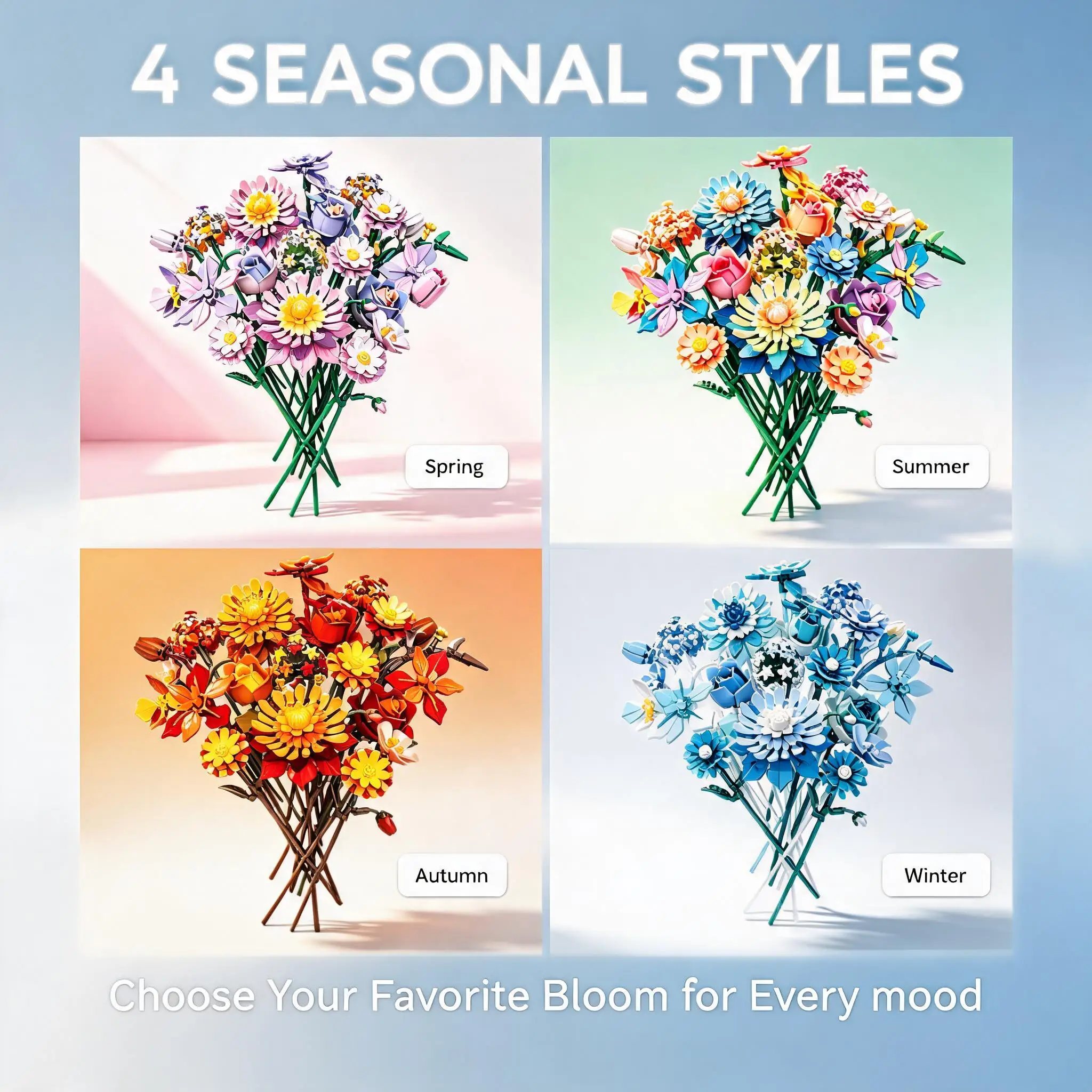 MOC Seasonal Flower Building Blocks Set 4 Spring Summer Autumn Winter Bouquet Model Home Desk Decor Gift