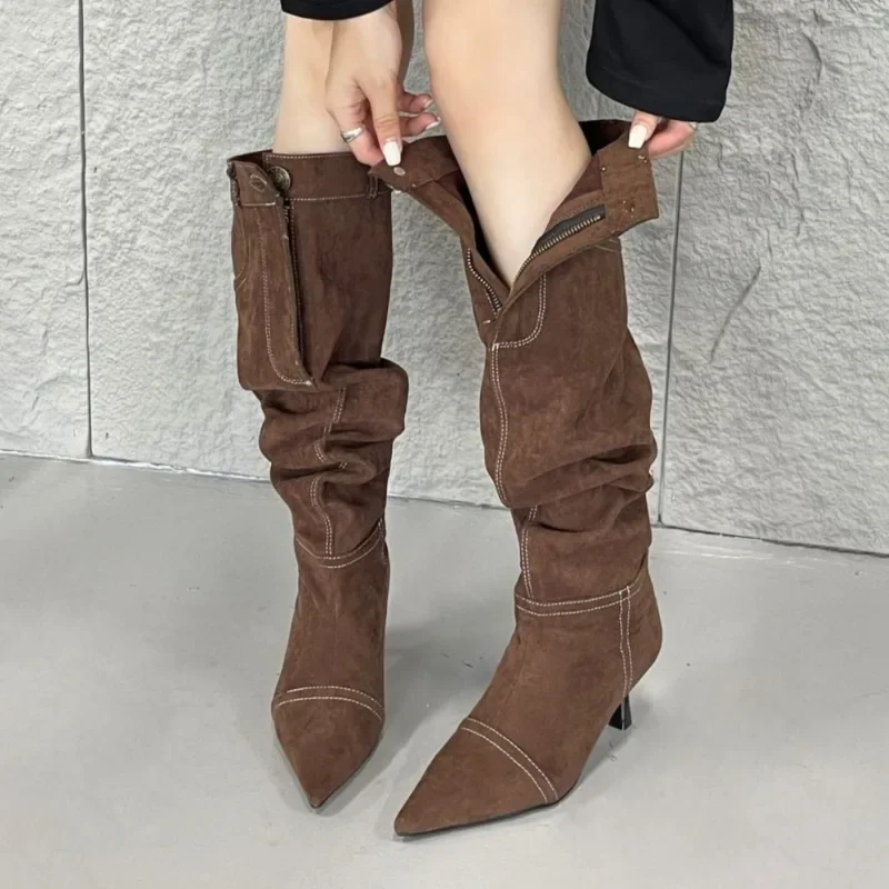 New Style Car Stitching Pleated Lazy High Cylinder Stack Boots Women's Autumn and Winter Brown Black Slim Heel Knee High Boots