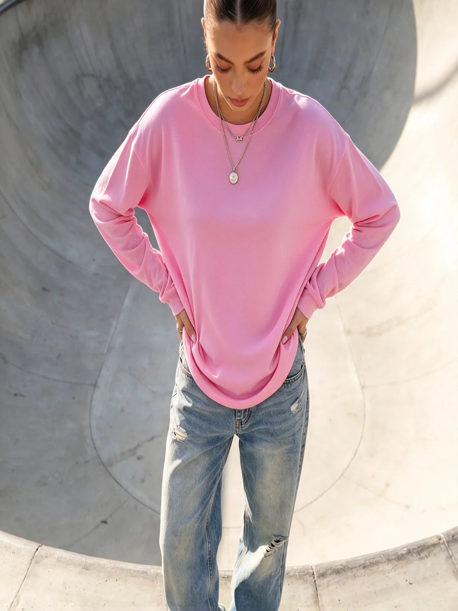 Y2 unisex pink solid color top loose and slimming versatile base shirt, casual sports long sleeved T-shirt top