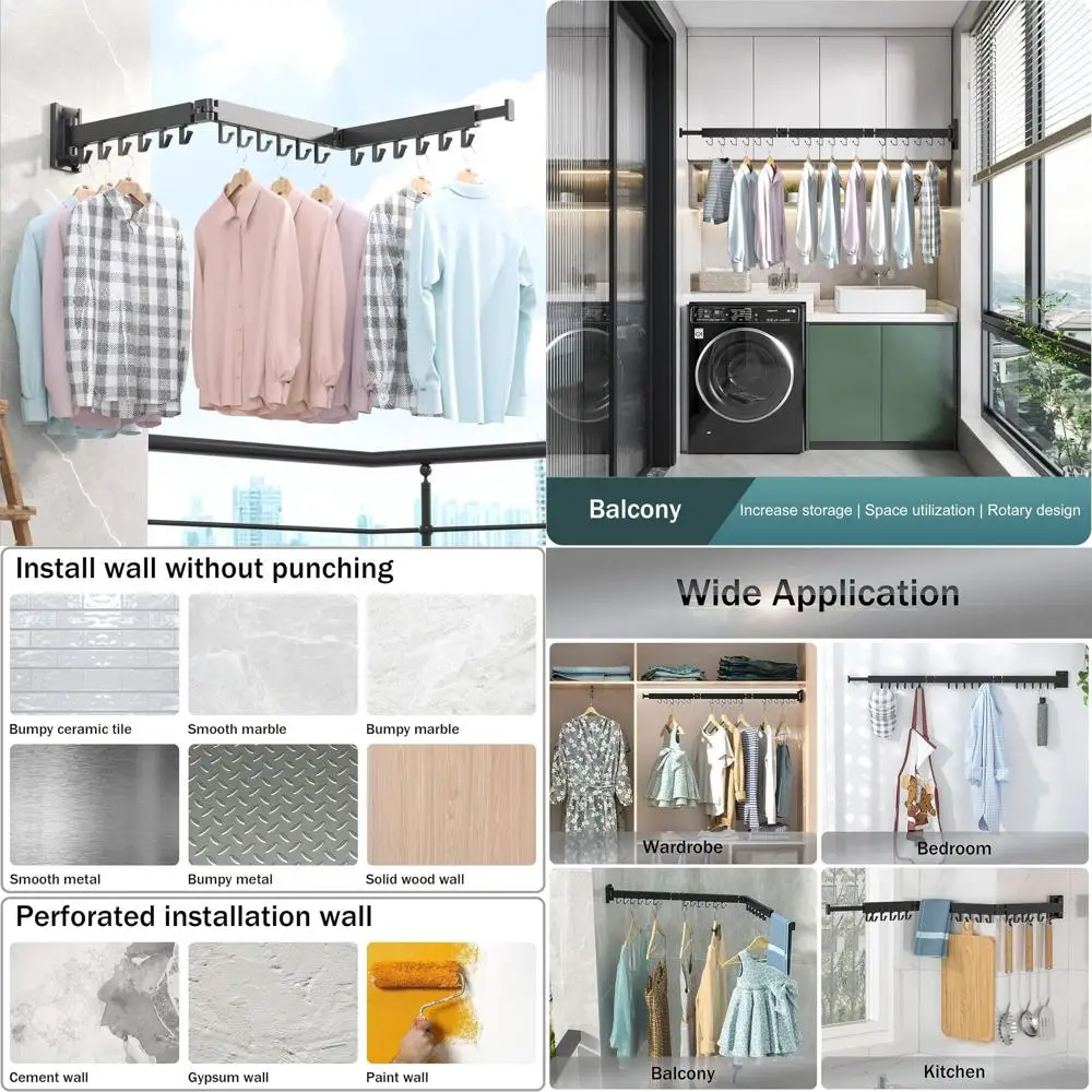 

Space-Saving Wall-Mounted Folding Laundry Drying Rack, 31.5 White with Black Hooks