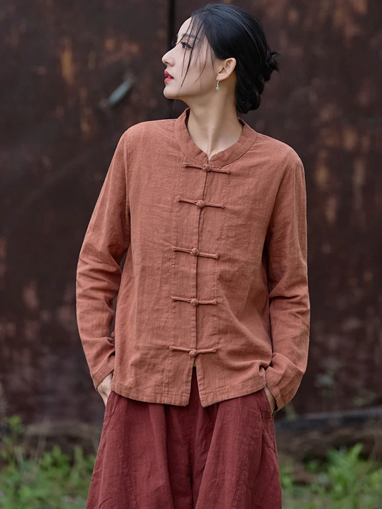 

Женская хлопково-льняная повседневная рубашка в китайском стиле, Новое поступление, весна 2025 года, винтажные женские топы с воротником-стойкой и длинными рукавами M1599